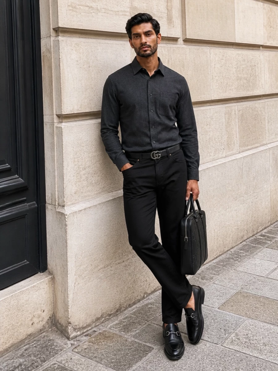 This look builds a deep, tonal FW uniform around the black Gucci straight-leg trouser, pairing it with a structured charcoal shirt to create a sleek, elongated line. Black horsebit loafers and an embossed briefcase keep the mood impeccably polished yet understated, while the subtle logo belt ties the silver hardware together for a quietly luxurious, city-ready finish. It’s the kind of outfit that feels as right in a gallery or design office as it does for an elevated dinner reservation.