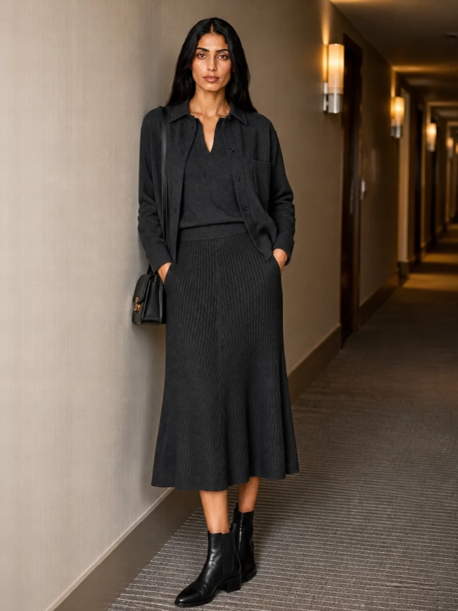 Victoria beckham charcoal jacket knit skirt outfit