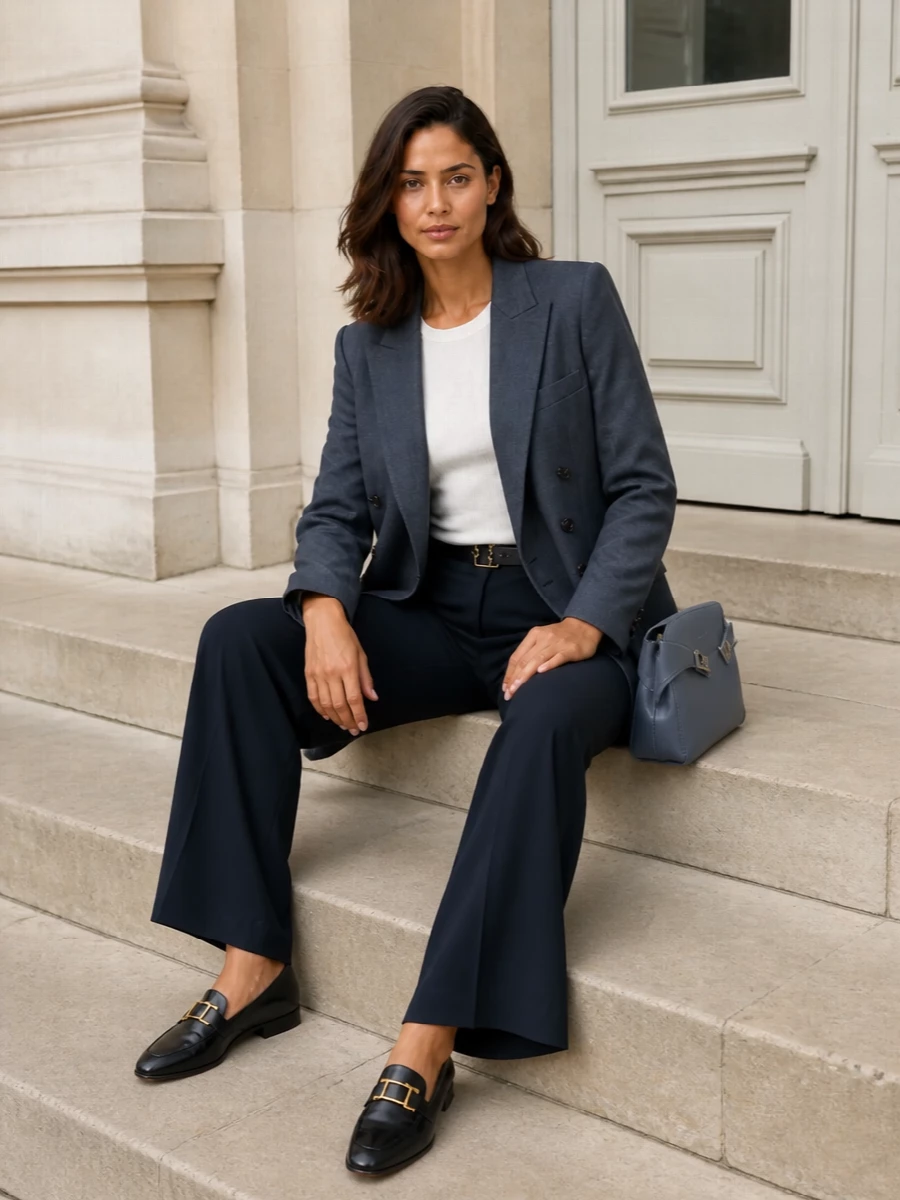 Slate blue tailoring meets deep navy in a refined, tonal column that feels precise yet relaxed enough for a full workday. The wide-leg trouser and sharp pointed loafers balance fluid volume with a clean, grounded line, while the slate-toned shoulder bag and slim belt keep the finish quietly intentional. It is modern Italian suiting for days that move from meetings to dinner without a change of mood.