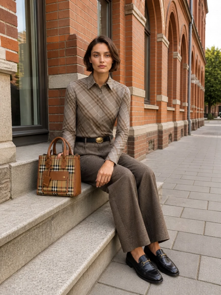 Burberry checked trousers taupe shirt loafers