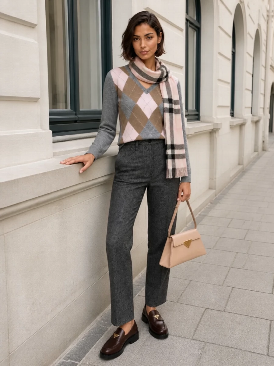 Prada argyle sweater charcoal trousers loafers