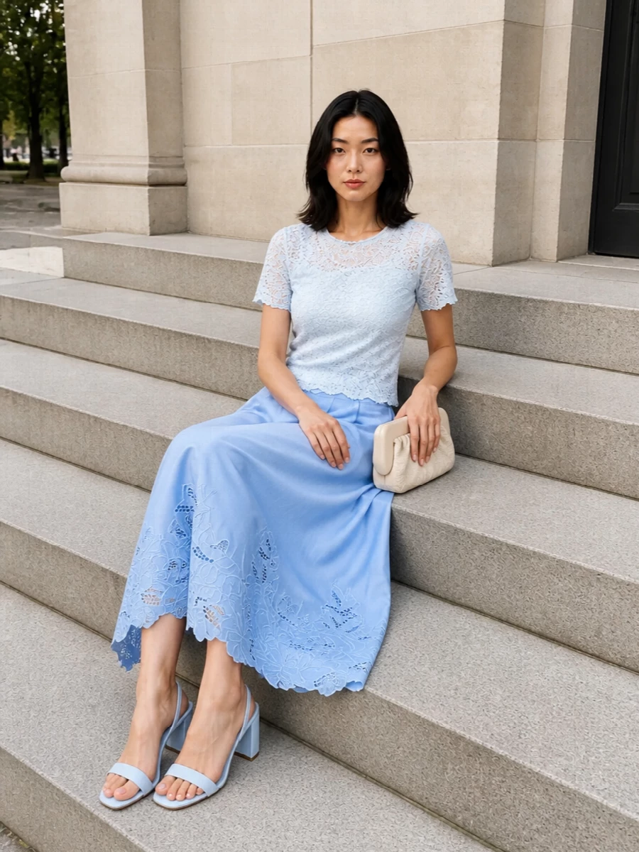 A sky-blue-on-blue story keeps the mood soft and romantic, with the embroidered midi skirt and lace tee reading as an intentionally tonal pairing rather than separates. The light blue block-heel sandals add a clean, modern line that lengthens the leg without feeling fragile, while the buttercream clutch introduces quiet texture and warmth so the palette never feels flat. The result is a poised warm-weather outfit that moves easily from sunlit city lunches to seaside dinners with a polished, Riviera ease.