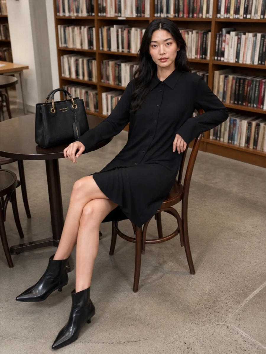 A black Totême shirt dress paired with the structured Emporio Armani tote creates a clean, architectural city outfit that reads polished yet quietly relaxed. The pointed kitten-heel ankle boots keep the line sharp without overwhelming the simplicity. Choosing a dress rather than separates keeps the focus on proportion and movement, letting the bag’s structured shape and gold hardware stand out.