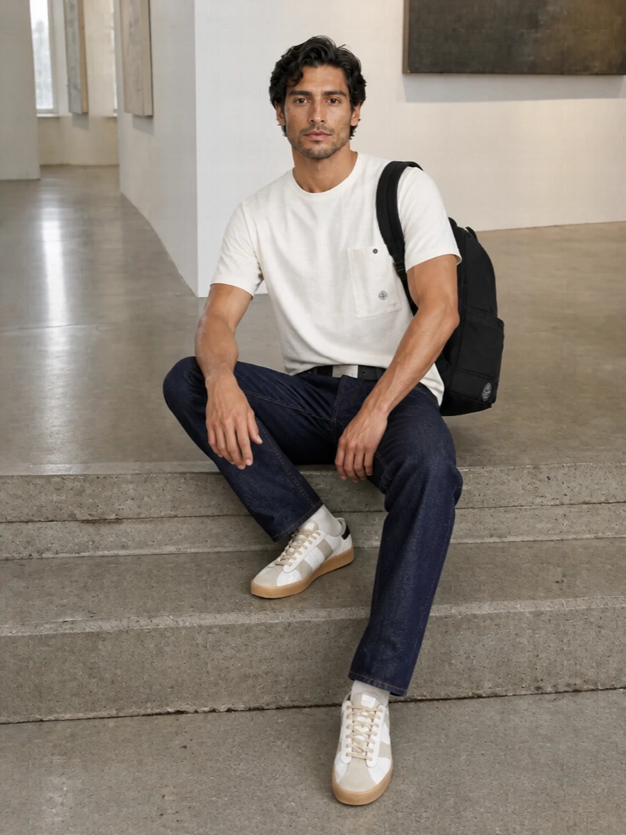 Stone island denim off white tee sneakers outfit
