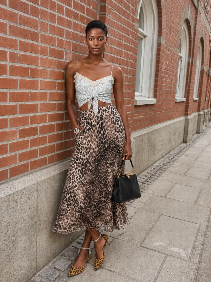 A fluid leopard midi and lace-trim floral cami create a warm, romantic base that feels sultry without shouting. Crystal-trimmed kitten heels keep the mood nocturnal yet walkable, while a sharp black top-handle bag pulls everything into chic evening territory. The result is unapologetically feminine, slightly wild, and still precise enough for city dinners and summer parties.