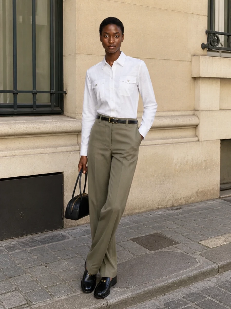 Prada white longline shirt tailored trousers outfit