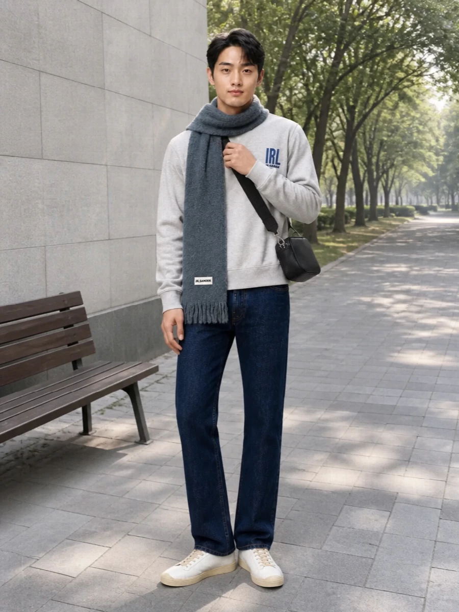 Jil sander grey sweatshirt dark indigo jeans
