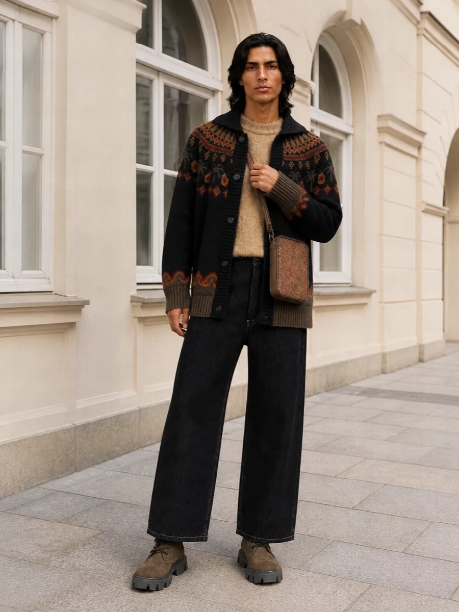 Alanui knit coat black wide leg jeans outfit