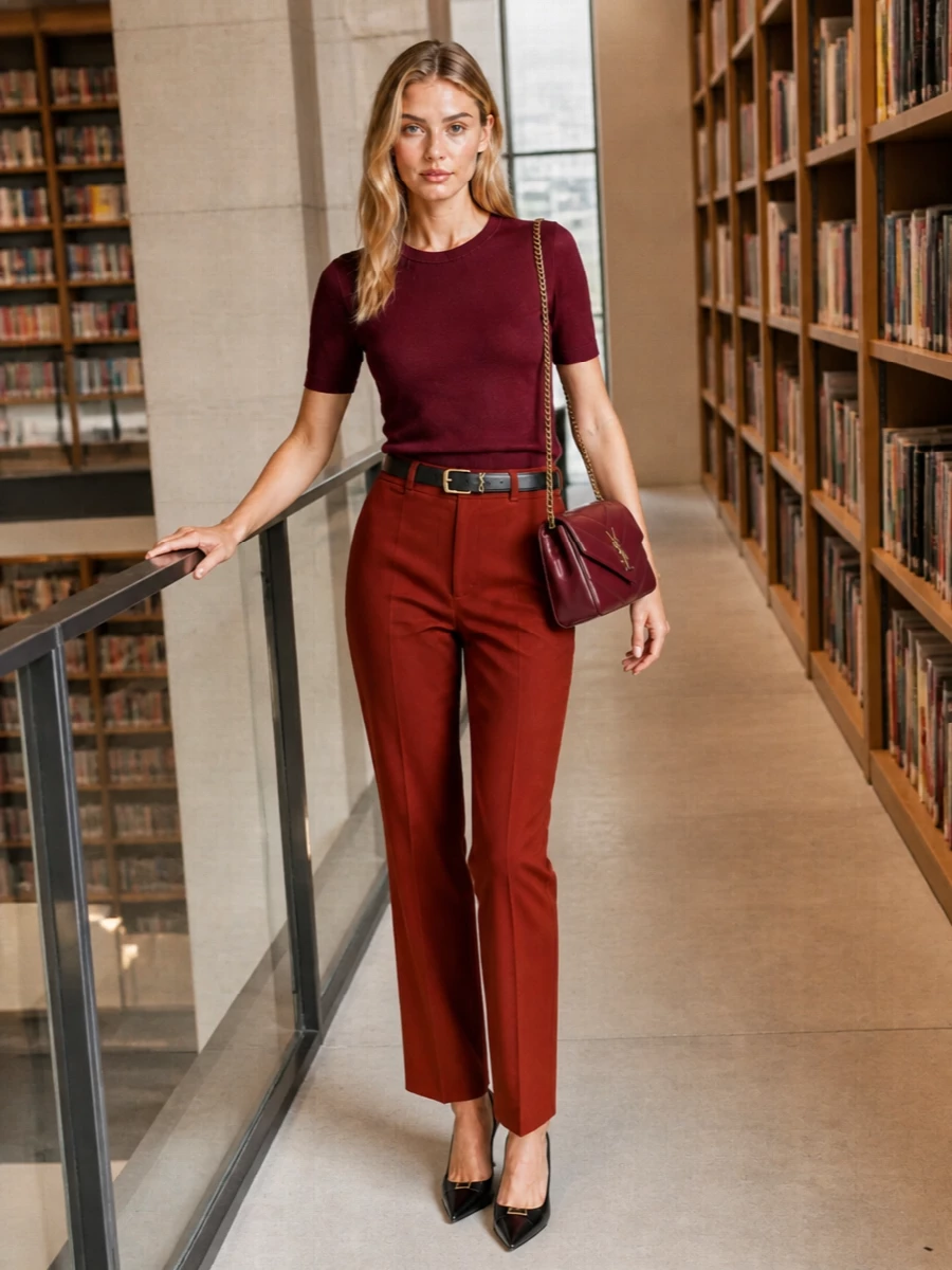 Saint laurent burgundy top rust trousers outfit
