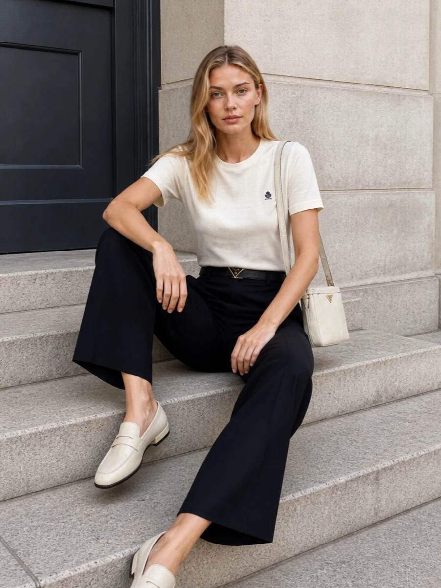 Prada ivory tshirt navy wide leg trousers outfit