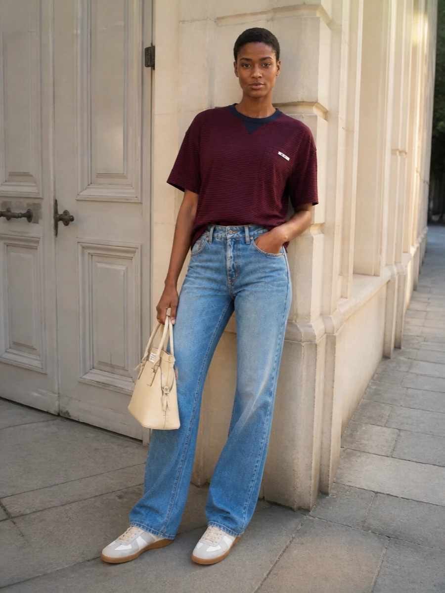 Burgundy stripes meet clean mid blue denim for a pared-back, street-preppy uniform that feels considered without trying too hard. Neutral Margiela sneakers and a small structured top-handle keep the palette light, leaning into quiet luxury rather than logo play. The result is an easy city outfit that still reads sharp from coffee runs to low-key dinners.