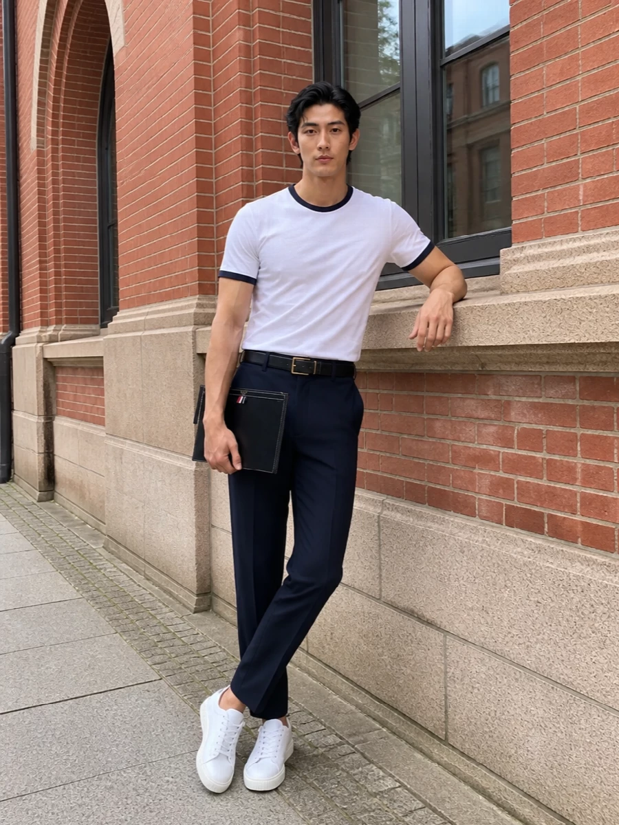 Thom browne navy trouser white tee outfit