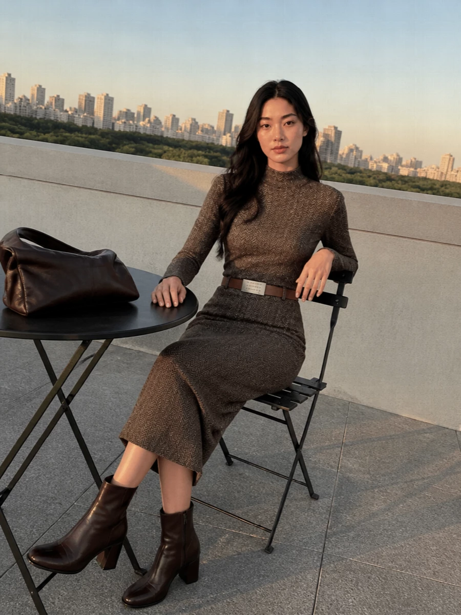 Maison margiela herringbone skirt brown boot outfit