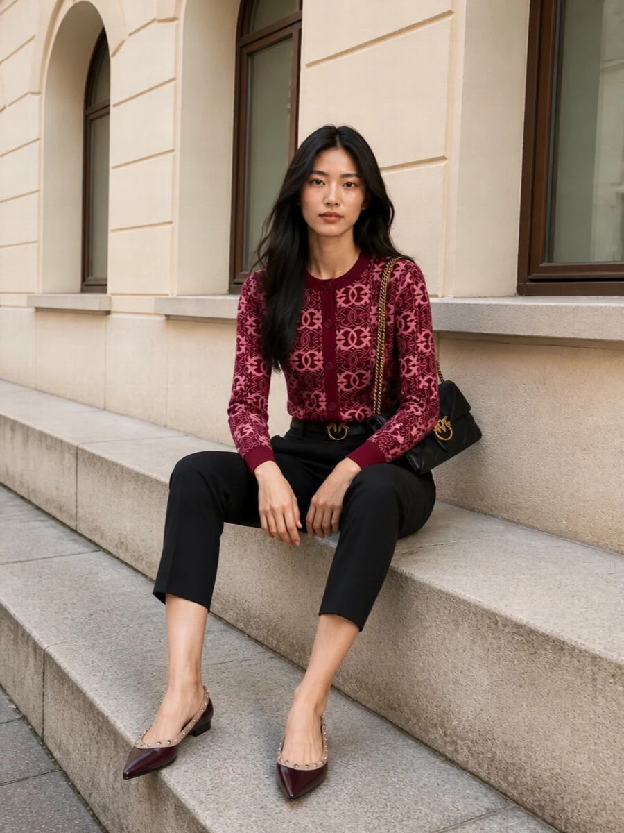 Pinko cardigan black cropped trousers flats