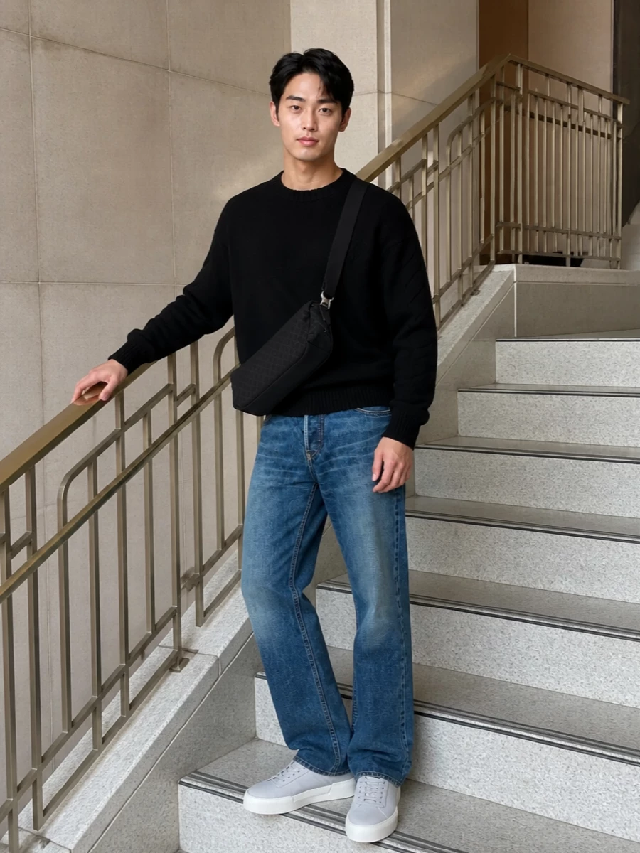 Mid-indigo Japanese-style denim is grounded with a clean black knit, giving that calm, downtown mix of ease and intent. Pale grey sneakers and a low-profile Gucci crossbody keep the palette quiet and modern, so the jeans stay the subtle focal point. It is an off-duty uniform that reads designer without feeling precious.