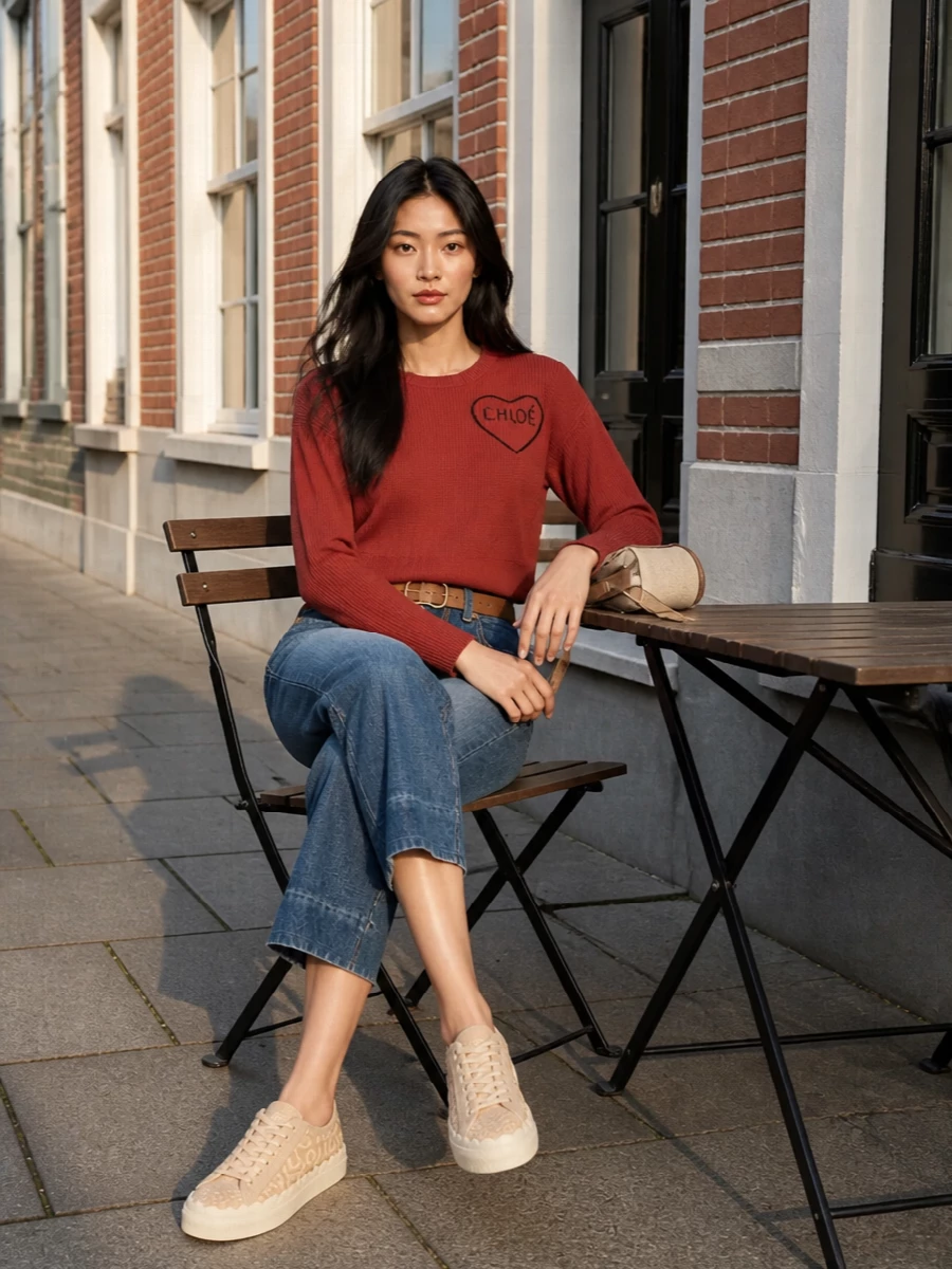 Chloe cropped red sweater indigo jeans outfit