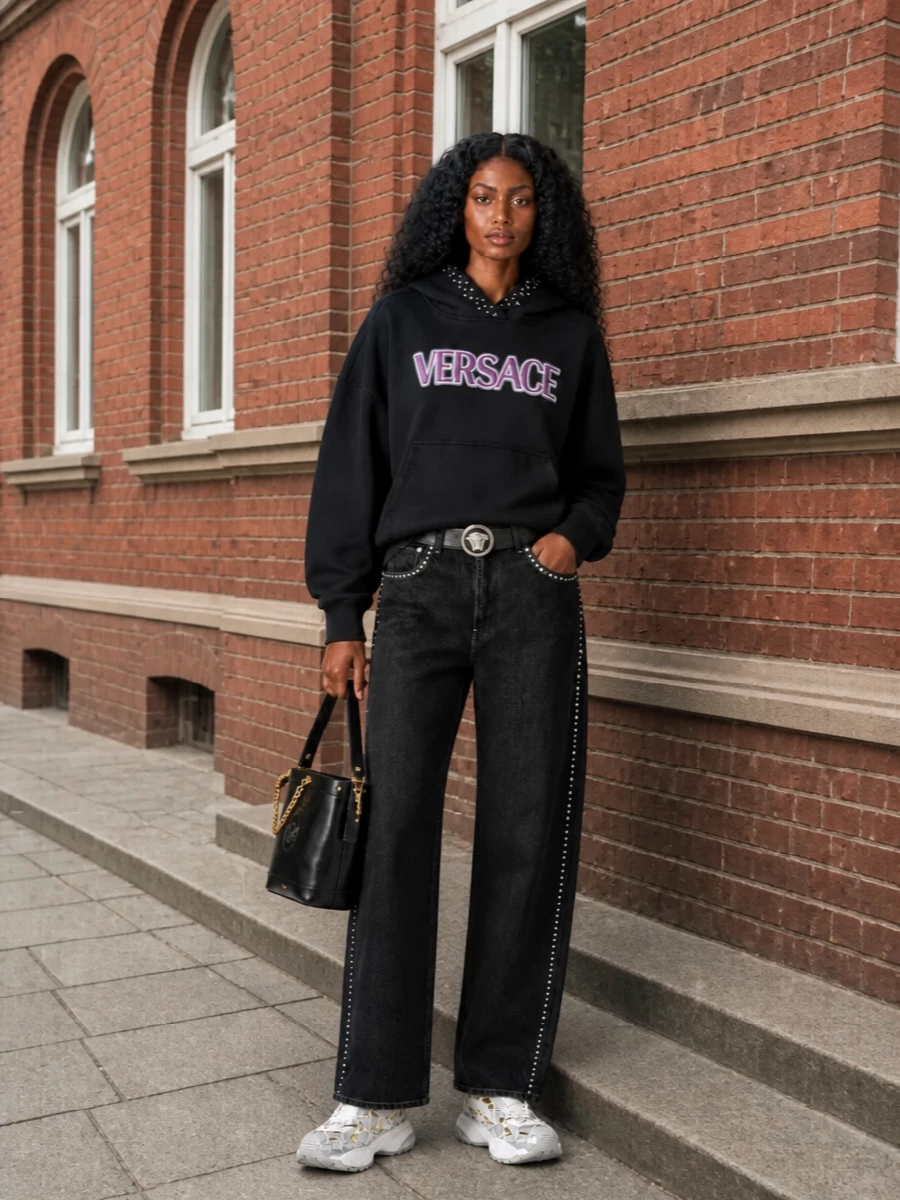 Versace stud hoodie black jeans chunky sneakers