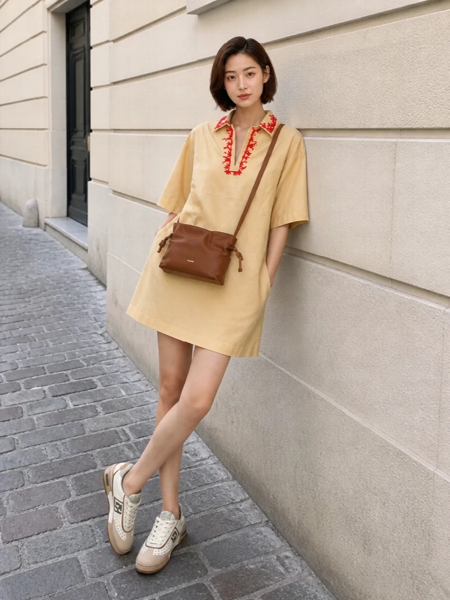 Embroidered tunic dress neutral sneakers outfit