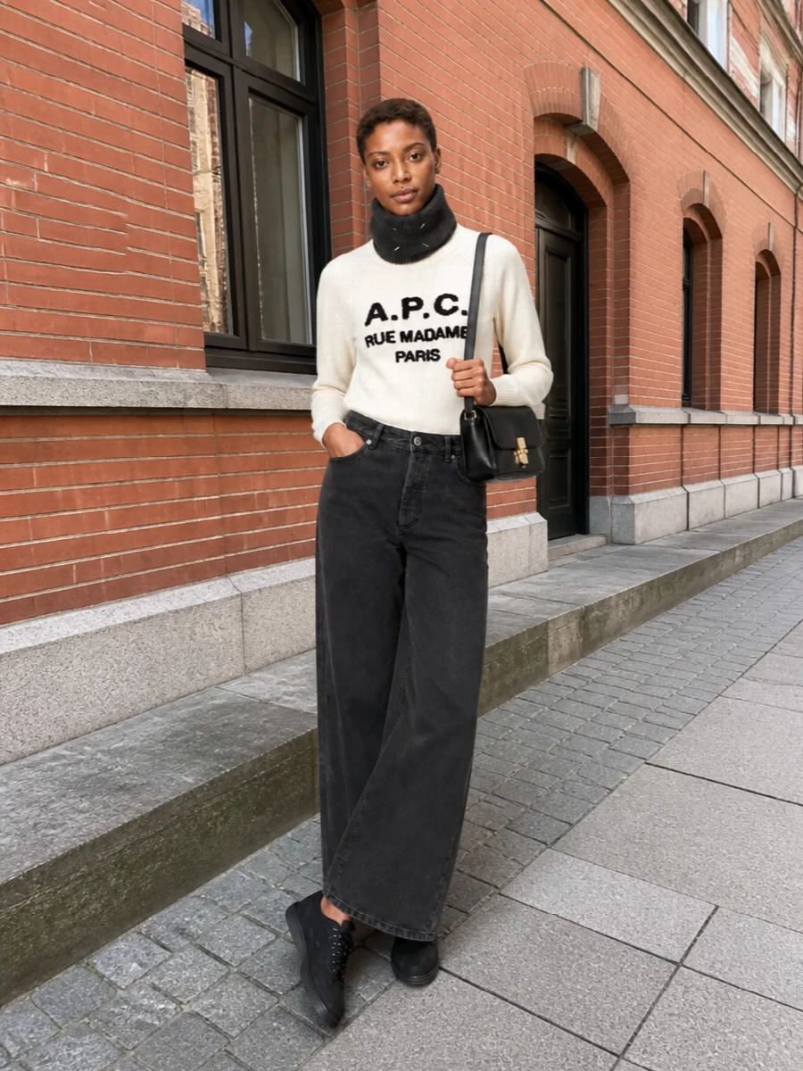 Apc cream logo sweater wide leg jeans outfit