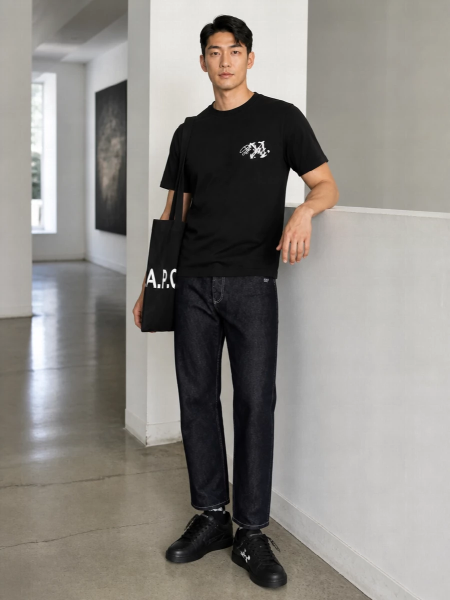 Off white black tee dark indigo jeans outfit