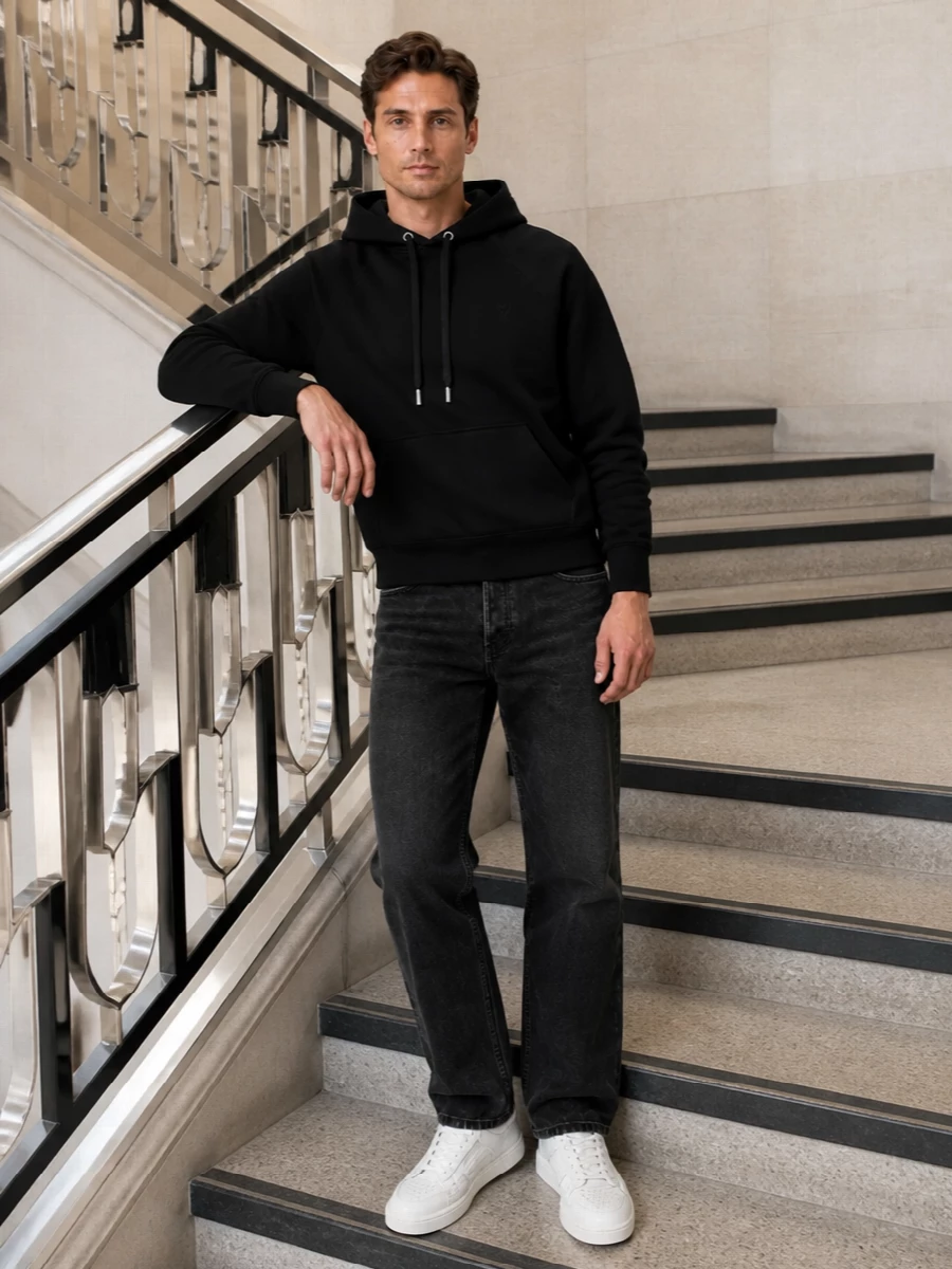 Ami paris black hoodie faded jeans white sneakers