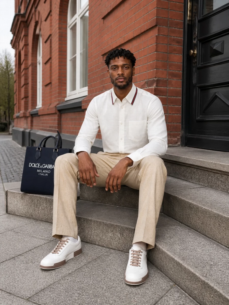 Gucci’s off‑white shirt sits neatly against the light beige pleated trouser, giving a soft, Mediterranean take on tailored dressing. White and taupe sneakers keep it relaxed but still polished, while the navy structured tote adds a precise, city-ready counterpoint that grounds the neutrals without feeling heavy.