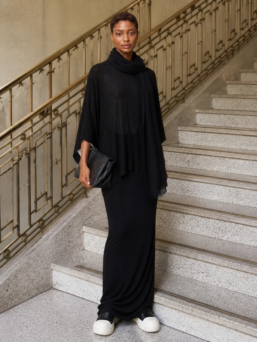 Rick owens black tunic column skirt sneakers