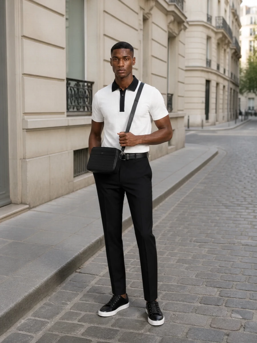 Lanvin black trousers white polo sneakers