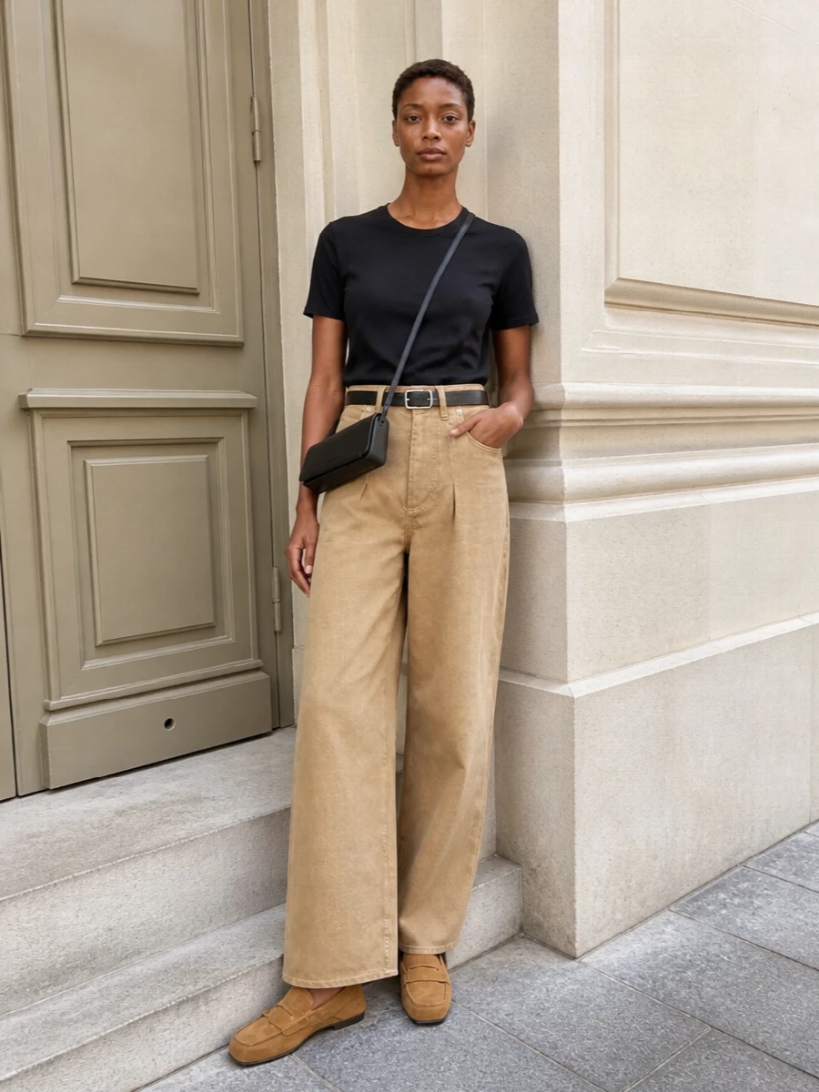 A boxy black tee is anchored by high-waisted camel denim, creating an easy, elongated line in grounded neutrals. Camel suede loafers and a slim black cross-body keep the mood quietly precise. A simple black belt finishes the waist so the volume reads intentional rather than casual.