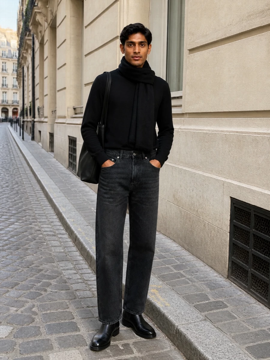 Our legacy black jeans woolrich sweater outfit