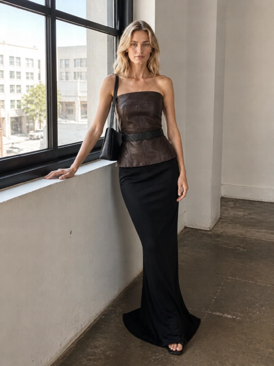 Rick owens strapless top black column skirt outfit