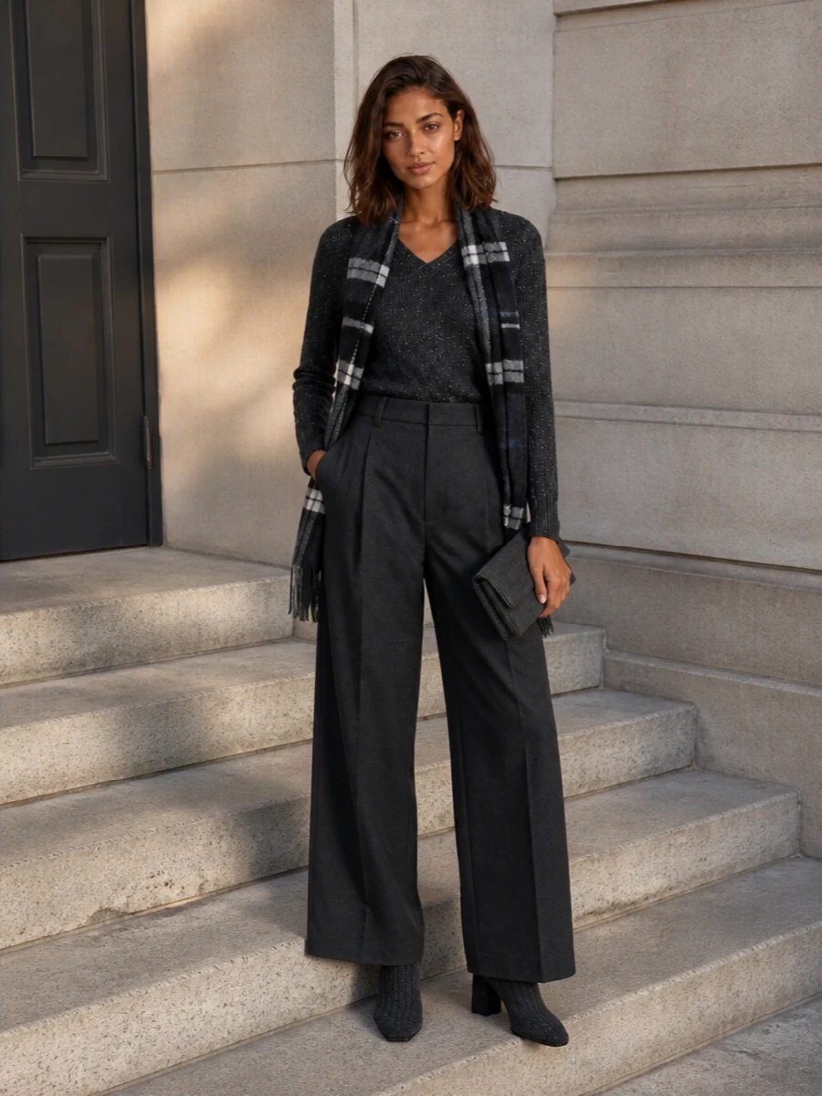 Brunello cucinelli charcoal sweater wide leg trouser