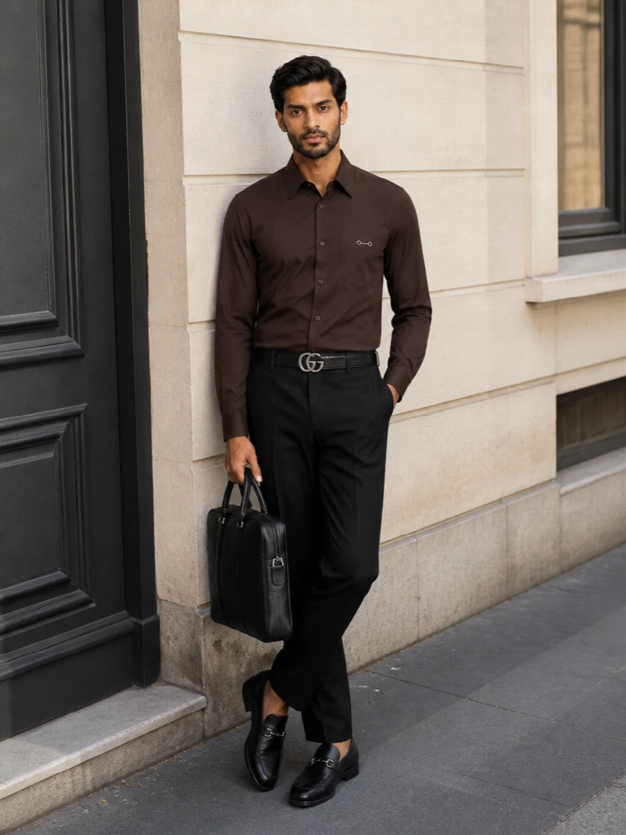 Gucci black tailored trousers horsebit shirt outfit