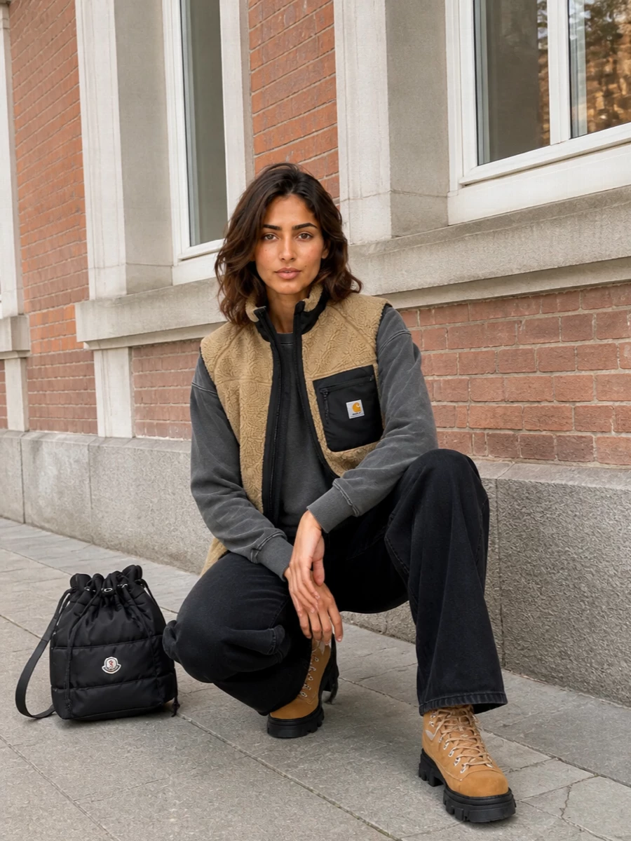 This is an off-duty winter uniform that leans fully into workwear fleece and clean, wide-leg denim. I stayed with the top and trouser route rather than a dress so the Carhartt gilet can sit where it belongs, as a true outer layer, with charcoal and black pieces underneath sharpening the camel tones. Chunky camel hikers and a padded nylon bucket bag lock in a practical, street-ready finish without breaking the muted palette.