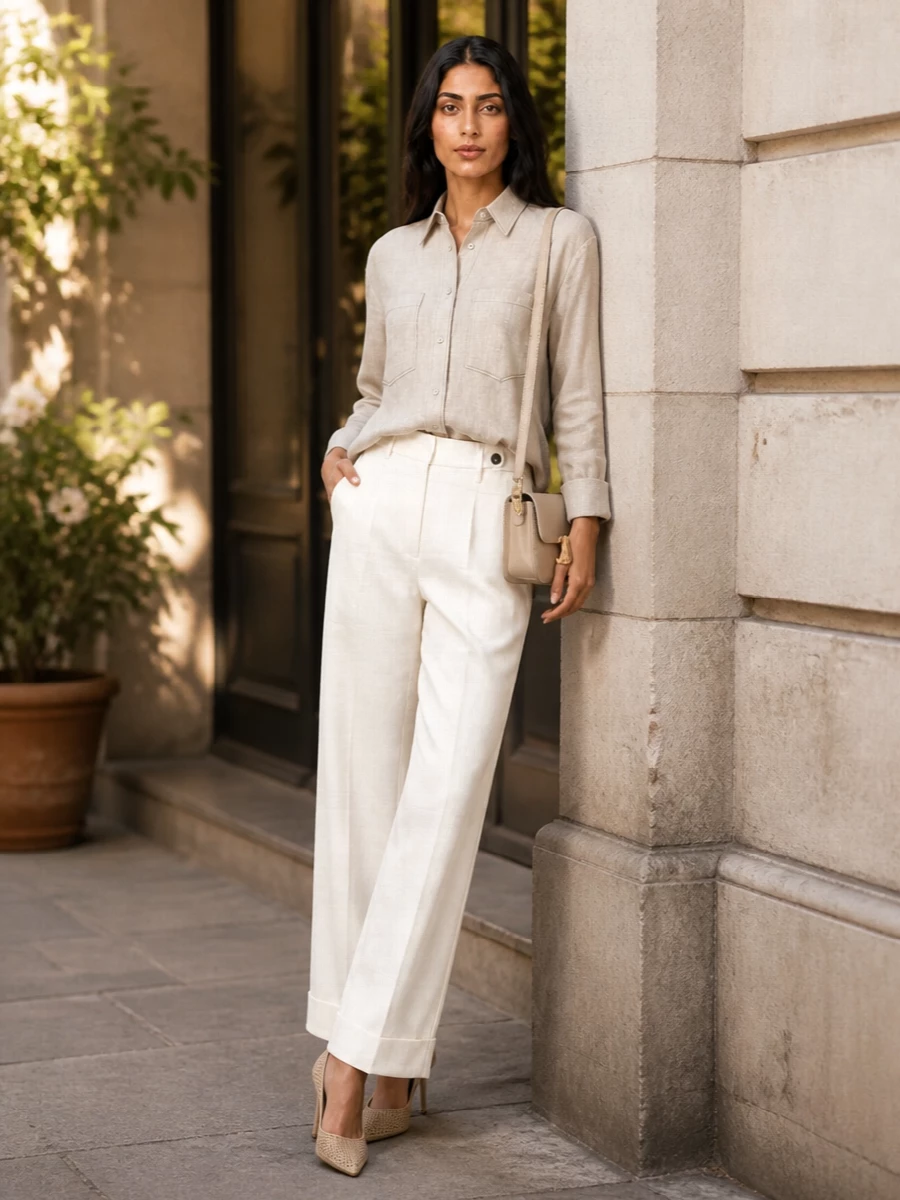 A longline taupe Brunello Cucinelli shirt is paired with creamy high-waisted wide-leg trousers for an elongated, softly structured silhouette in tonal neutrals. Pointed nude slingback heels and a small warm-beige Celine shoulder bag refine the look, keeping the palette hushed and the mood effortlessly polished for warm-weather city or office dressing.