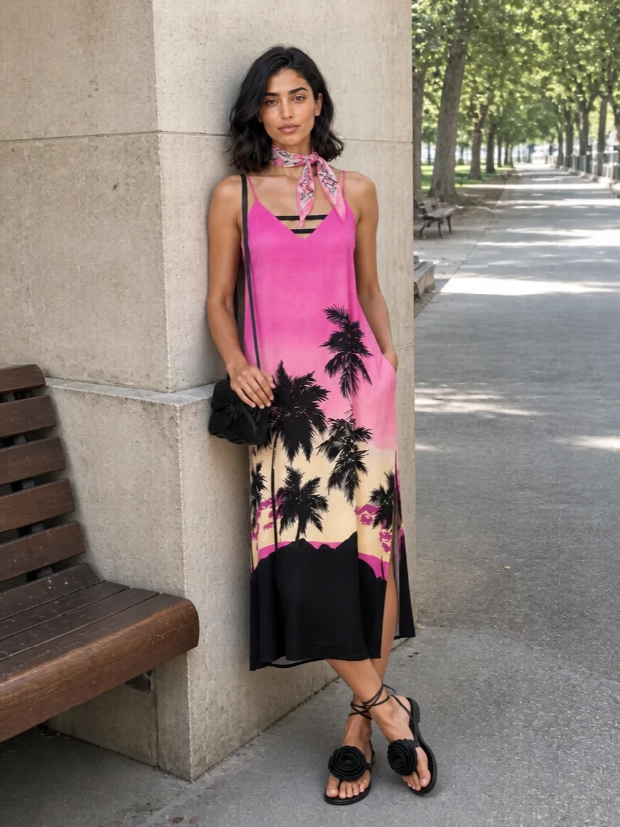 Palm angels slip dress black flat sandals outfit
