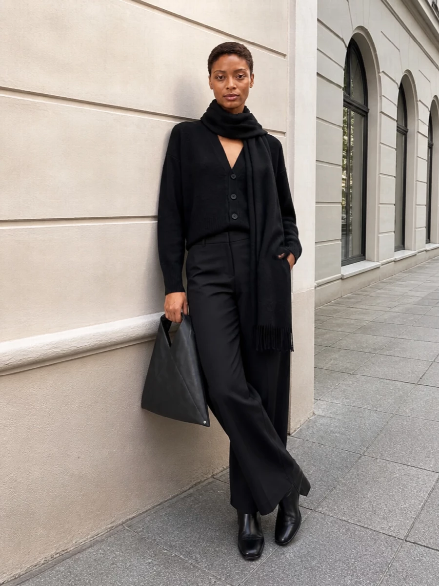 Mm6 black cardigan wide leg trousers outfit