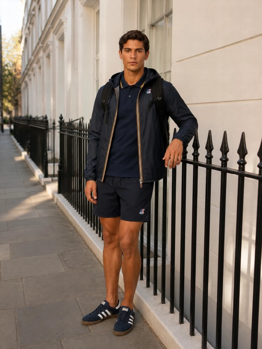 K way navy windbreaker adidas trainers outfit