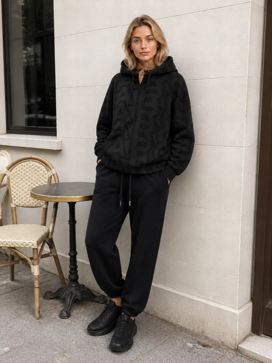 Marc jacobs hoodie black joggers sneakers outfit