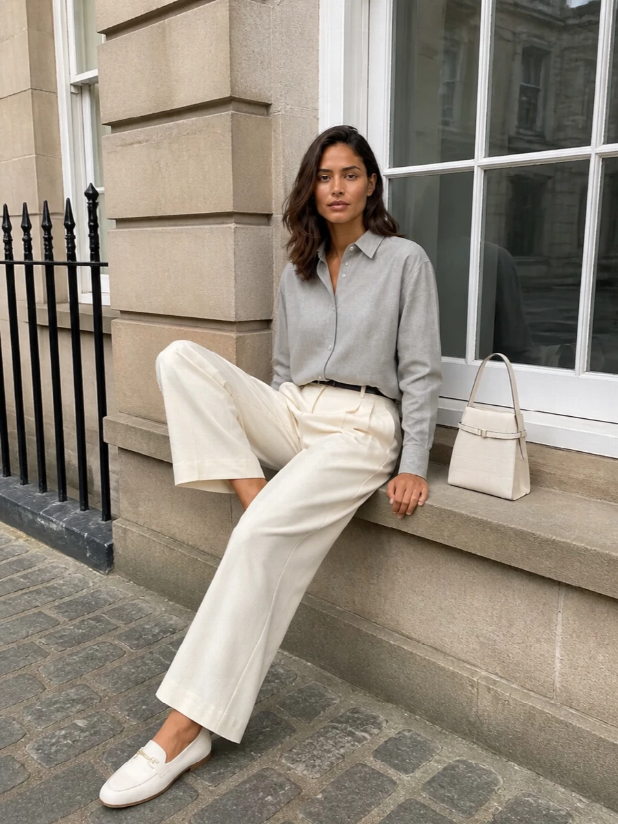 Toteme shirt wide leg trousers tods loafers