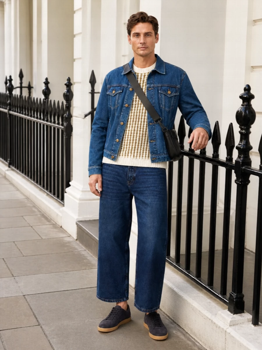 Mid-indigo Jil Sander denim sets a clean frame for sand and off-white texture and cropped dark indigo volume. Wide, structured jeans and soft suede sneakers keep it modern, while a black crossbody brings quiet city utility. The result is a calm, architectural take on streetwear that feels considered without looking styled to death.