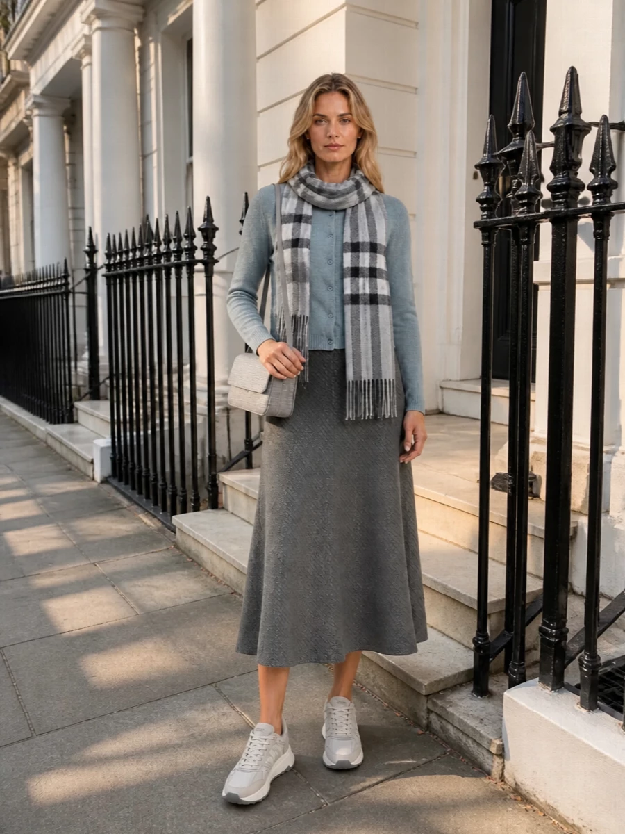 Herno cardigan grey midi skirt hogan sneakers