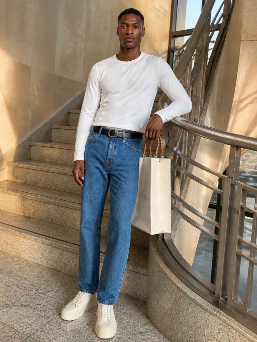 Jil sander denim jeans white tee cream sneakers