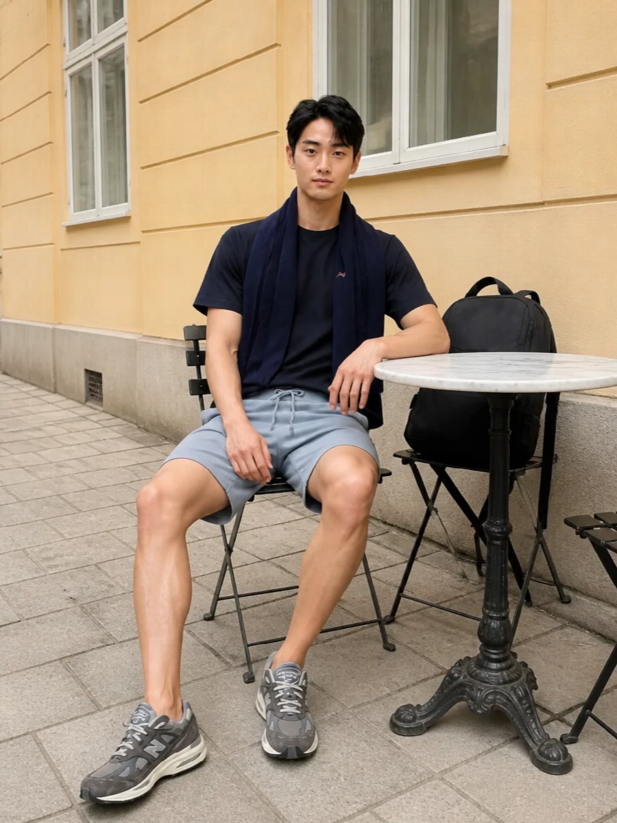 Deep navy anchors the story, with the Moncler scarf and Missoni tee grounding a soft, athletic palette of steel blue, grey and black. Canada Goose shorts, New Balance runners and an A.P.C. backpack keep the proportions relaxed and functional, ideal for city days where comfort has to read considered.