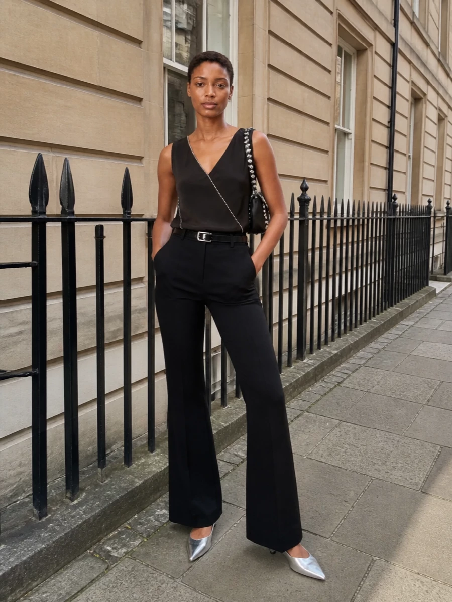 An espresso crystal-trimmed blouse drops into sharply cut black flares, reading as a single, elongated line of quiet evening polish. Silver slingbacks and a crystal-edged shoulder bag catch the light in controlled flashes, keeping the palette strict and the mood modern. The result is a precise, softly dramatic cocktail combination that feels architectural rather than ornate.