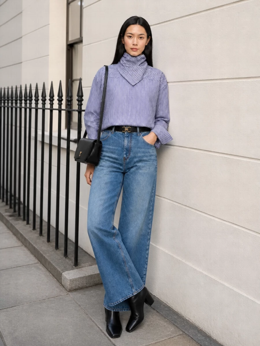 Ami paris wide leg jeans striped shirt outfit