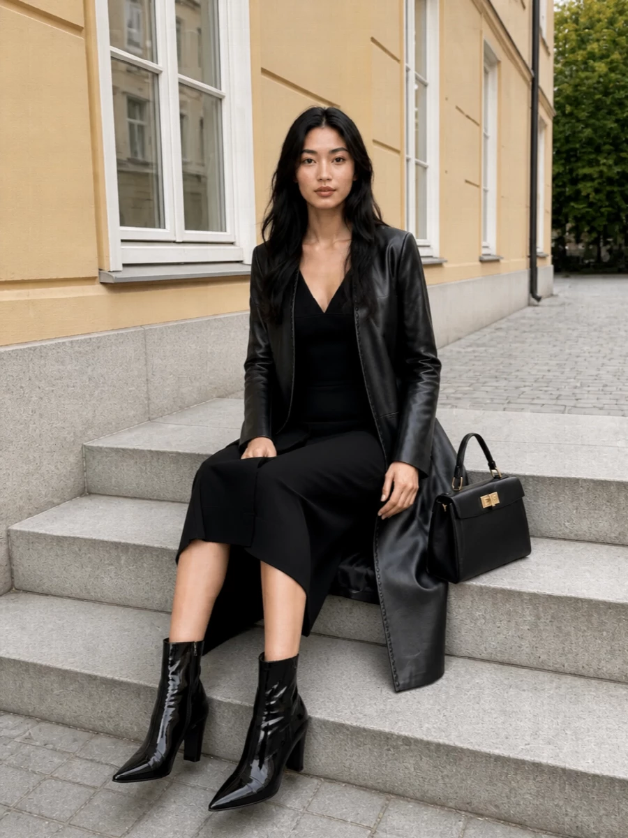 Fendi black leather coat midi dress outfit
