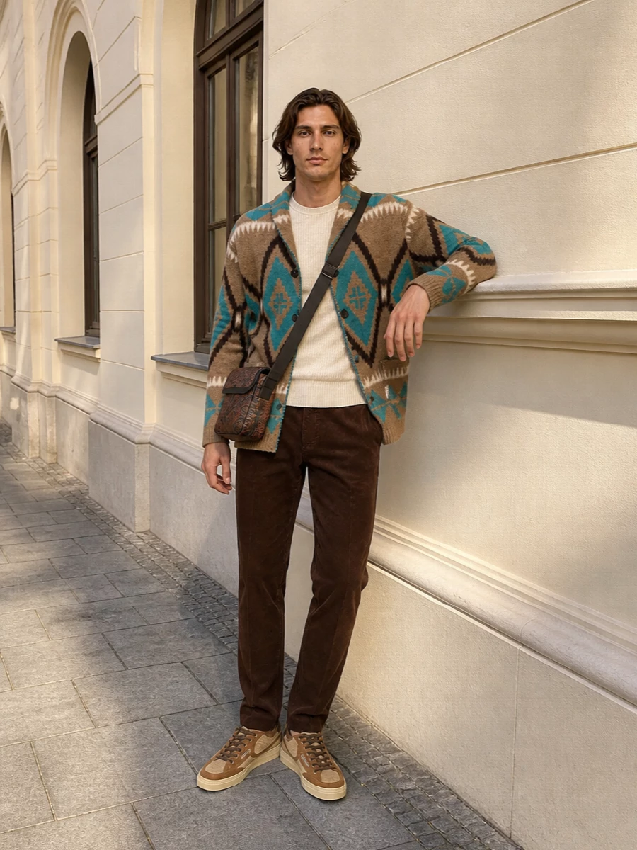 Amaranto cardigan corduroy trousers etro bag