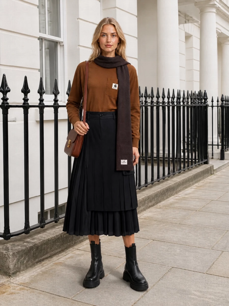 Sacai pleated midi skirt brown logo tee outfit