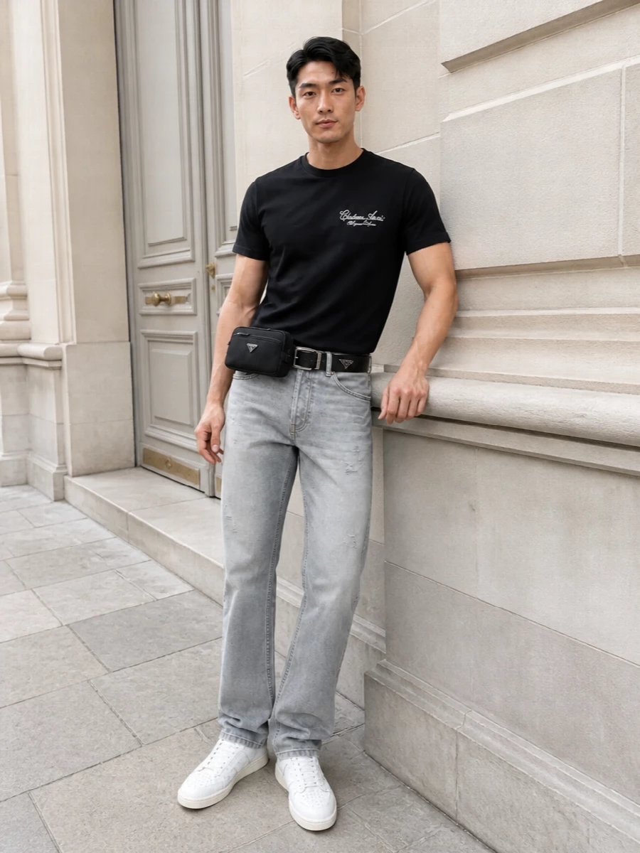 A black script tee and washed-grey straight denim set up a clean, LA-inflected street uniform that feels relaxed but still sharp. White court sneakers brighten the base and echo the tee’s lettering, while a black Prada belt bag and wide belt keep the lines streamlined and functional. It is a monochrome, low-key statement you can wear from daytime city laps to late-night bars without changing a piece.